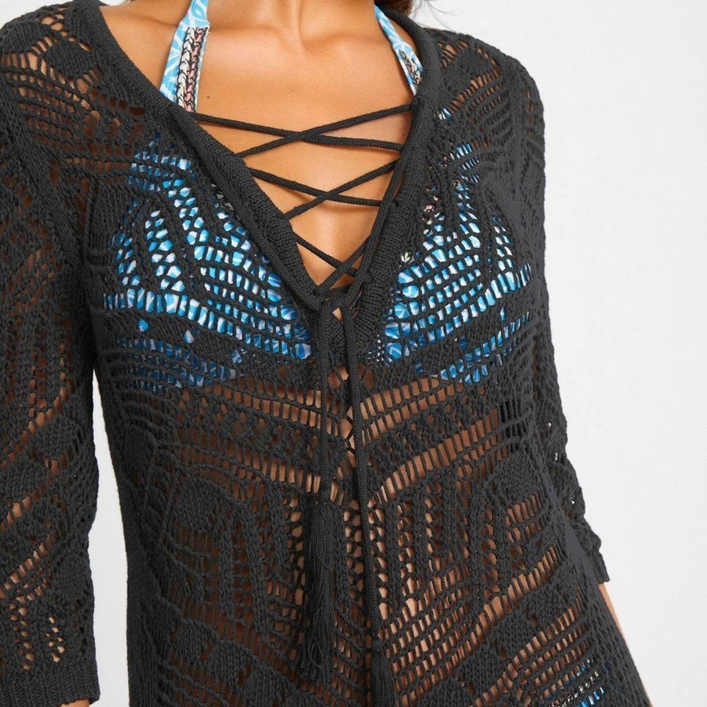 Black Crochet Knit Beach Cover Up Dress One Size - Picture 2 of 12